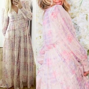 Revolve X Rococo Sand Etre long sleeve button front maxi dress pink new w tag xs